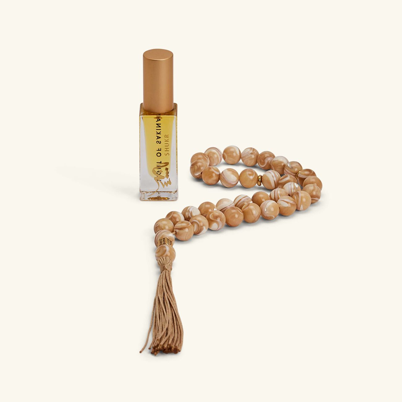 Shukr Caramel Shell Misbaha & Fragrance Set light of sakina shukr caramel shell misbaha fragrance set