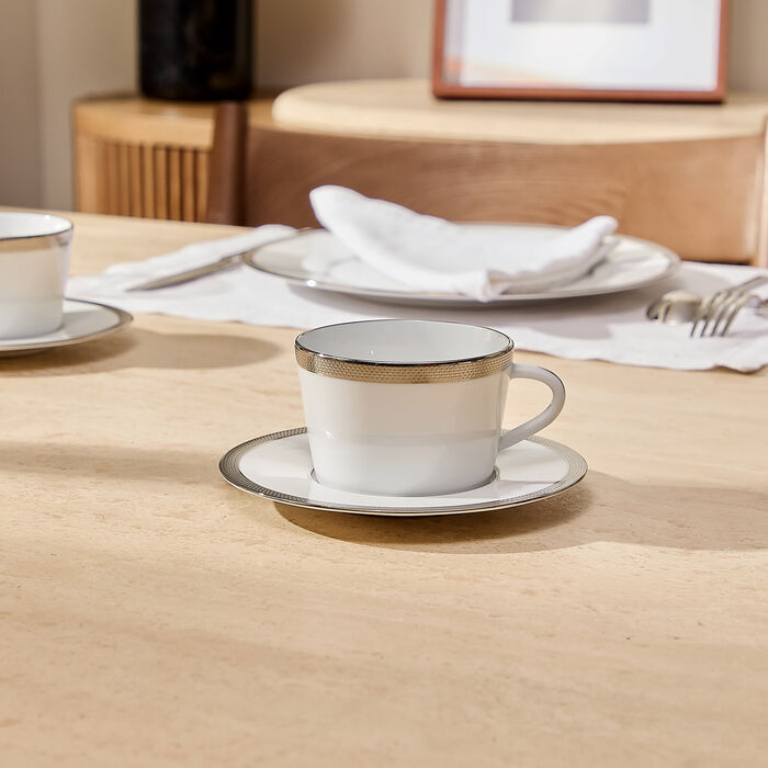 Maille Platine Moka Tea Cup & Saucer Set Of 4 White bernardaud maille platine moka tea cup saucer set of 4 white