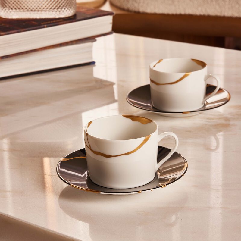 برناردو kintsugi charbon teacups and saucers   set of 2