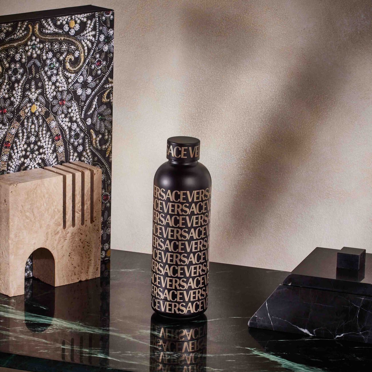 versace allover water bottle black