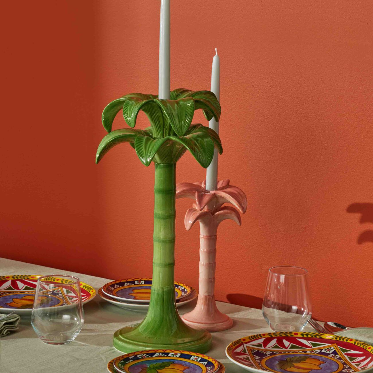 les ottomans palm trees candle holder large green